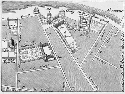 Distriktet for College des Quatre Nations (Fire Nationer) og hotellet Conti-Fac-Simile i planen for J. de la Caille af French School