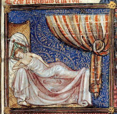 Drømmen, detalje: Den sovende elsker. Miniature i "Le Roman de la rose" af Jean de Meun, Jean de Meung eller Jean Chopinel, Jean Clopinel (v.1240-1305), ca. 1370. Chantilly, Musee Conde af French School