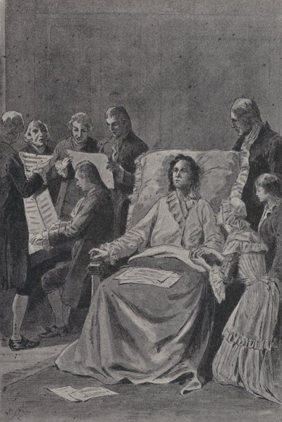 Den døende Wolfgang Amadeus Mozart lytter til sine venner fremføre sin kantate In Praise of Friendship (gravering) af French School