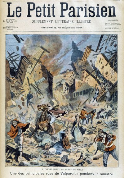 Jordskælvet i Chile: Valparaiso under katastrofen - i "" The Little Parisian"" af 09/09/1908 af French School