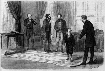 Ingeniøren Boutet præsenterede sin plan for en jernbanebro mellem Frankrig og England for kejser Napoleon III (1808-1873), i nærværelse af hans søn Prince Imperial (1856-1879) af French School