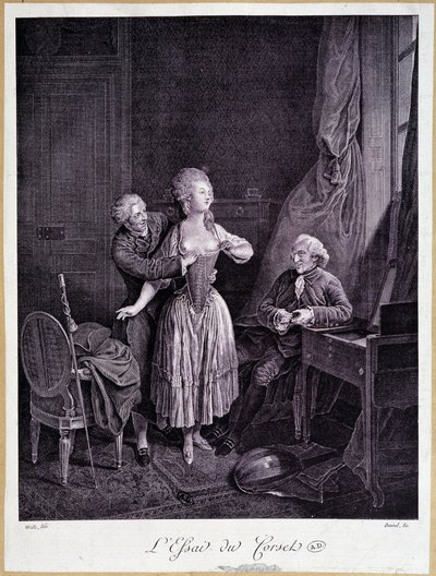 Essayet om korsettet (to mænd og en kvinde med strippede bryster) - 18. gravering. af French School