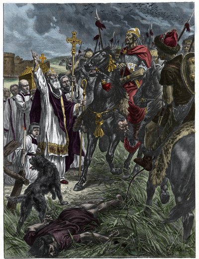 Den eveque Saint Loup af Troyes arreterer Attila konge af Hunnerne før Troyes - Barbarian invasioner - Gravering efter maleriet af H. Grobert. af French School