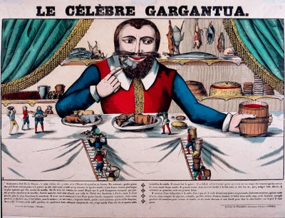 Den berømte Gargantua-karakter i romanerne af Francois Rabelais (1494-1553), fransk forfatter. Gargantua har en stor baldakin og har alle slags retter. Epinal billeddannelse fra det 19. århundrede - af French School
