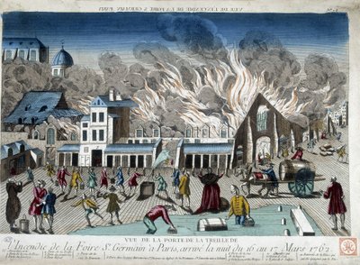Branden på St. Germain Fair i Paris, natten mellem den 16. og 17. marts 1762 - gravering af French School