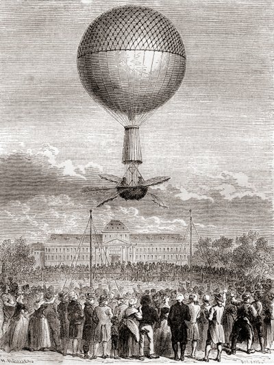 Den første vellykkede ballonflyvning af Jean-Pierre François Blanchard den 2. marts 1784 i en brintgasballon opsendt fra Champ de Mars, Paris, Frankrig, fra Les Merveilles de la Science, udgivet ca. 1870 (gravering) af French School