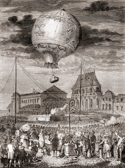 Aérostat Réveillons flyvning den 19. september 1783 af Montgolfier-brødrene i Versailles, Frankrig, før kong Louis XVI af Frankrig og dronning Marie Antoinette, fra Les Merveilles de la Science, offentliggjort ca. 1870 (gravering) af French School