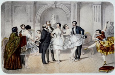 Operaens foyer (Opera Garnier i Paris). En tutu-danser, der chatter med herrer, der kom for at hilse på dem eller tager et par skridt for at danse. Gravering af French School