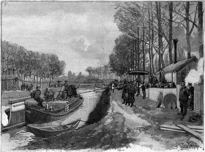 Kabelbanetransport af både på kanalerne i Joinville le Pont efter Maurice Levy-systemet. af French School