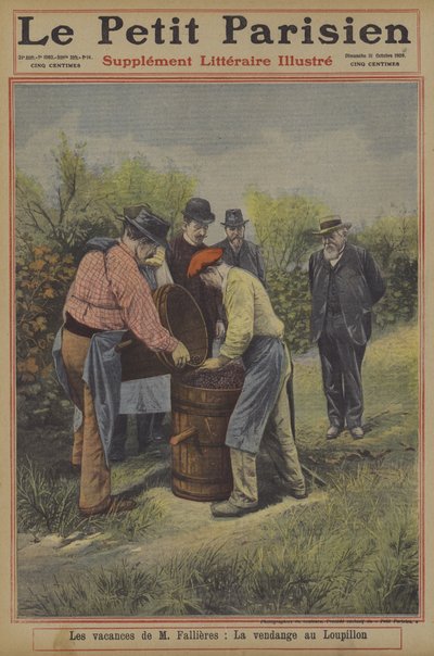 Højtiden for Frankrigs præsident Fallieres: druehøsten i hans hjem i landsbyen Loupillon (farve litho) af French School
