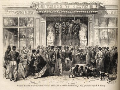 Hesteslagterforretningen ved barriere de Fontainebleau (Paris) åbnede i 1866 - slagteri chevaline - Boucherie Meat de Cheval Boulevard Italien nær barriere de Fontainebleau 1866) Indgravering i "Le monde illustrious" fra 1866 af French School