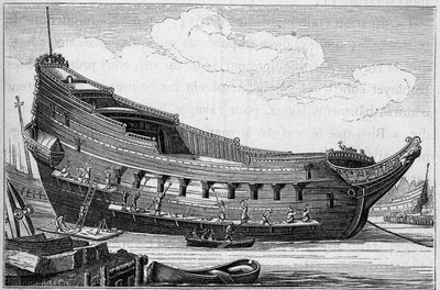 Skroget af et stort skib i det 17. århundrede. Gravering i "La Marine et les colonies: handel" af French School