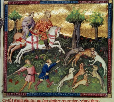 Jagten på vildkat Miniature taget fra ""Jagtens bog"" af Gaston III Phoebus, greve af Foix, Lord of Bearn (1331-1391) af French School