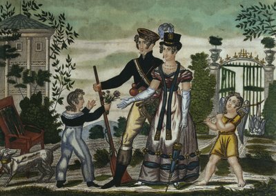 Jægerne vender tilbage, plade 4, begyndelsen af det 19. århundrede (farvegravering) af French School