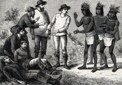 Indbyggerne i Peru hjælper de koloniale europæere, der lider af malaria med Cinchona (gravering) 1888 af French School