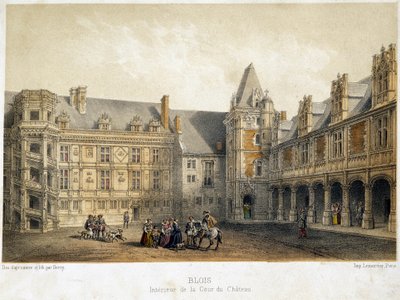 Det indre af gårdspladsen på slottet Blois i Francois 1.s periode (1500-tallet) - litografi af French School