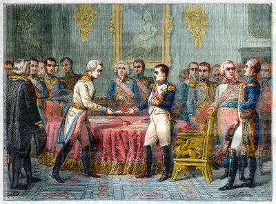 Interviewet af Erfurt, 27. september - 14. oktober 1808 - Napoleon I modtager Baron Vincent, østrigsk diplomat og udsending for kejseren af Østrig til højre Alexander I af Rusland (1777-1825) - Forsamling af fyrster i Erfurt den 27. september 1808 ( Napole af French School
