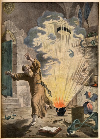Opfindelsen af krudt af den tyske munk og alkymist Berthold Schwarz (ca. 1318-1384) - Illustrerende opfindelser. Pulveret. Illustration til Le petit Journal, 27. januar 1901. af French School