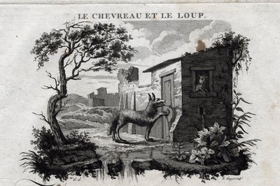 Drengen og ulven. Fabel om Esope. (Græsk forfatter Esopo eller Ecopus, 6. århundrede f.Kr.) Skrevet af Guillaume Montfort og Gravees af Beauble i 1801. af French School