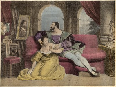 Kongen af Frankrig Francois I (1494-1547) og det smukke jernværk. Litografi af Daveria fra 1838 i "" Laughs Et Galanterie "". Ugentlig samling af Galantes-billeder i retning af John Grand-Carteret. 1903-1904. af French School