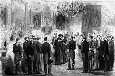 Kongen af Sverige Oscar II (1829-1907) modtog opdagelsesrejsende Nils Adolf Erik (Eric) Baron Nordenskjold (Nordenskiold) (1832-1901) og løjtnant Palander på det kongelige slot i Stockholm. I 1878 gik Nordenskjold fra Atlanterhavet til Stillehavet af French School