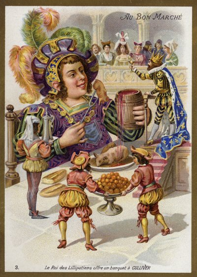 Lilliputernes konge holder en banket for Gulliver (chromolitho) af French School