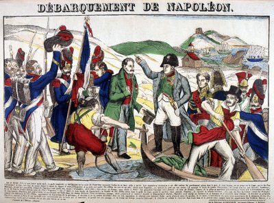 Landgangen i Juan-bugten: Napoleon I vendte tilbage til Frankrig den 1. marts 1815 efter eksilperioden på øen Elba. Billede af Epinal af French School