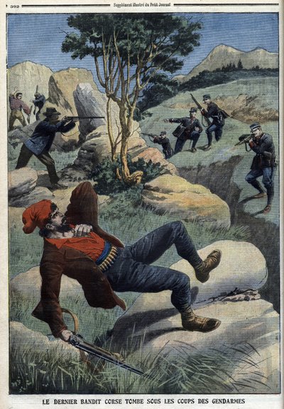 Den sidste korsikanske bandit falder under gendarmernes slag: ”Le Petit Journal” af 5. december 1909 (gravering) af French School