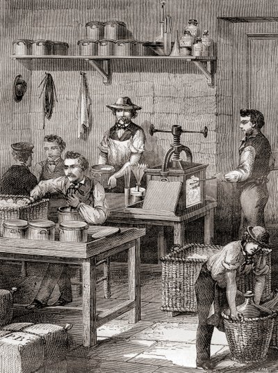 Fremstillingen af våbenbomuld i det 19. århundrede, fra Les Merveilles de la Science, udgivet ca. 1870 (gravering) af French School