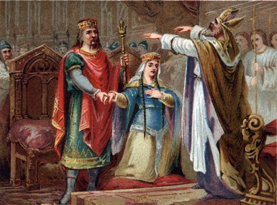 Ægteskabet mellem Clovis (481-511) francernes konge med Clothilde i 493. Kromolitografi fra slutningen af det 19. århundrede. af French School