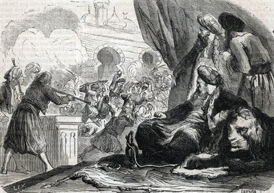 "Massakren af janitsjarernes hær i 1826 af Sultan Mahmoud II, Konstantinopel" (gravering) 1864 af French School