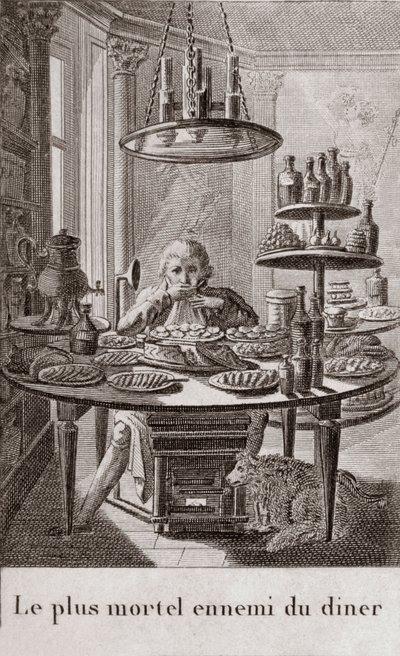 Middagens mest dødbringende fjende - indgravering i "" Almanach af gourmeter, tjener som en guide på måder at gøre fremragende kære. Af en gammel amatør"" af Alexandre Balthazar Laurent Grimod de la Reyniere - 1804-1812 af French School