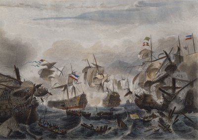 Søslaget ved Cape La Hogue i 1692, indgraveret af Chavanne (farvet radering) af French School
