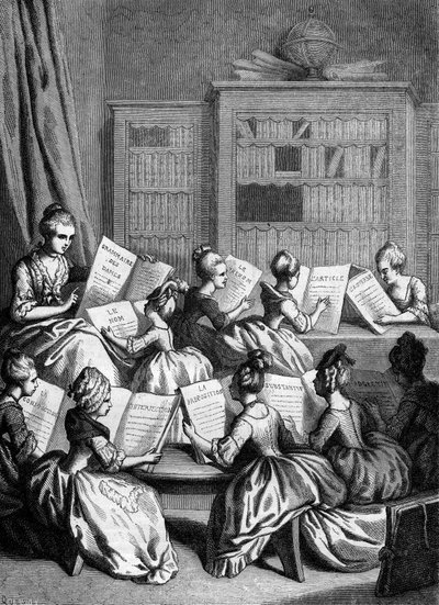 De ni dele af talen. (Traditionel grammatik klassificerer ord i ni kategorier, også kaldet "dele af talen"). Skoleelever under en grammatikforelæsning. 1700-tallet? Stik fra 1868. af French School