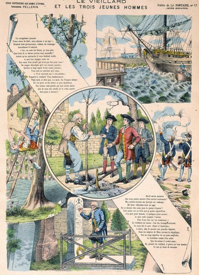Den gamle mand og de tre unge mænd - Fables de La Fontaine i billeder af Epinal af French School