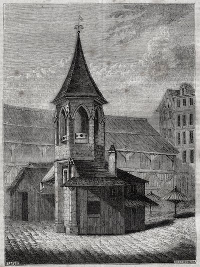 Hallernes søjle i det 18. århundrede, bygget på de uskyldiges gamle kirkegård - Indgravering i "Paris fysiske, civile og moralske historie: fra de tidligste historiske tider til i dag" af Jacques Antoine Dulaure af French School
