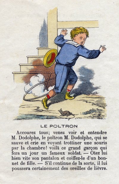 Poltronen. Et barn, der spiller bøjlen, skræmt af en mus. Alfabet til små drenge. Abecedary har moralsk værdi indeholdende læseøvelser. Epinal billeddannelse sidst i det 19. århundrede af French School