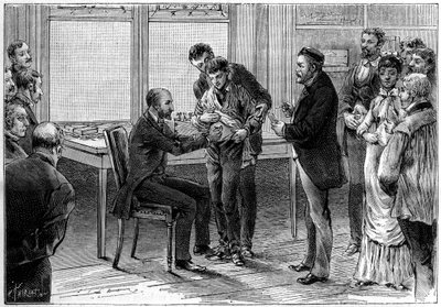 Rabiesvaccineoperationer, ved Louis Pasteurs laboratorium (1822-1895), tegning af C.Gilbert d