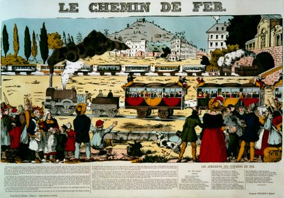 Jernbanen. Rejsende i togvogne mødt af scenens tilskuerskare. Gravering. Billede af Epinal af French School