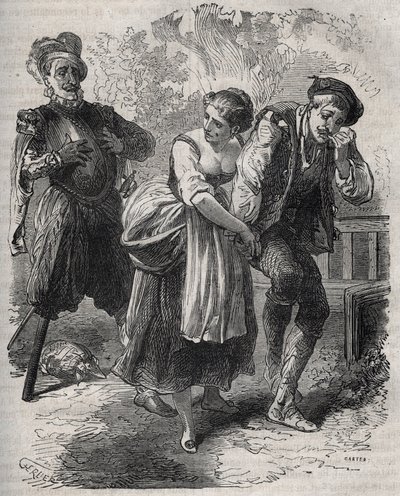 Martin Guerres tilbagevenden (ca. 1524 omkring 1560): han dukkede op foran sin kone, Bertrande de Rols, og den, der havde tilranet sig hans identitet, bedrageren Arnaud du Tilh (Thil). Indgravering fra 1871 i "Histoire Des Cocus Celebres" af Henry de Kock  af French School