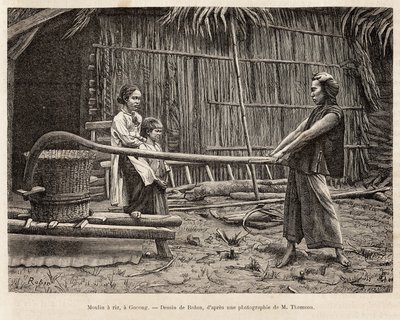 Rismøllen, foran en bondes hus i Gocong, gravering efter en tegning af Robin, der illustrerer rejsen til Cochinchine, af doktor Morice, i 1872, udgivet i "" Le tour du monde""" 1875, redigeret af Edouard Charton, Hachette udgave, Paris. Selva af French School