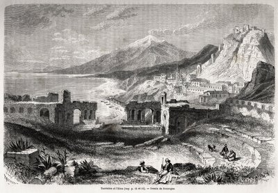 Ruinerne af det antikke teater i Taormina (Tauromenium), ved foden af Taurus-bjerget, med udsigt over den moderne landsby Giardini og Etna, tegning af Adolphe Rouargue (1810-187?) og Emile Rouargue (ca1795-1865) for at illustrere Felix Bourquelots dag af French School