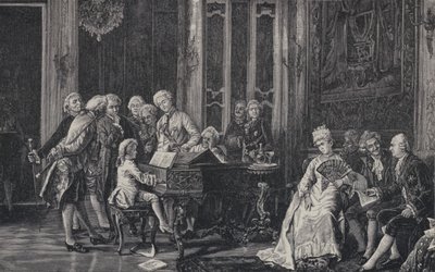 Den syv år gamle Wolfgang Amadeus Mozart spiller foran kong George III i London, 1764 af French School