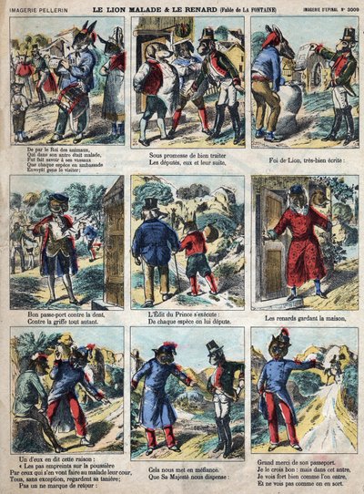 Den syge løve og ræven. Fabler af Jean de La Fontaine (1621-95). Epinal billeddannelse fra slutningen af det 19. århundrede. af French School