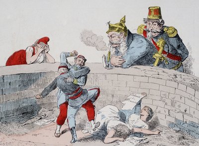 Situationen - Gauillaume: Vi skal hjælpe skøre mennesker, Badingue (Napoleon III): Lad dem gøre min bror, det bliver tid til at gribe ind, når de (pariserne) har fortæret sig selv. Tegnefilm om kommunen. af French School