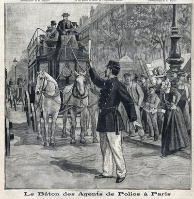 Stokken af politibetjente i Paris til at regulere trafikken i hovedstadens gader i "Le Petit Parisien" af French School