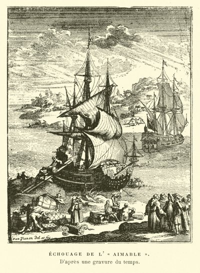 Strandingen af lAimable, Matagorda Bay, Texas, 1685 af French School