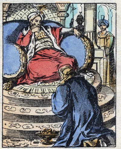 Sultanen er forbløffet over de diamanter Aladin tilbyder ham for at bede om sin datters hånd. Indgravering af fortællingen om tusind og en nat "" Aladin og den vidunderlige lampe"". Epinal billeddannelse, slutningen af det 19. århundrede. Privat samling. af French School