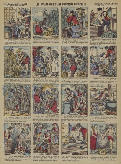 Fortællingerne om produkterne i en købmandsbutik (farve litho) af French School