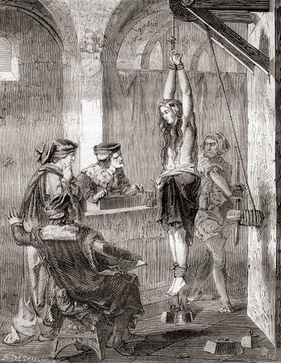 Torturen af en kvinde anklaget for hekseri i middelalderen, fra Les Merveilles de la Science, udgivet ca. 1870 (litho) af French School